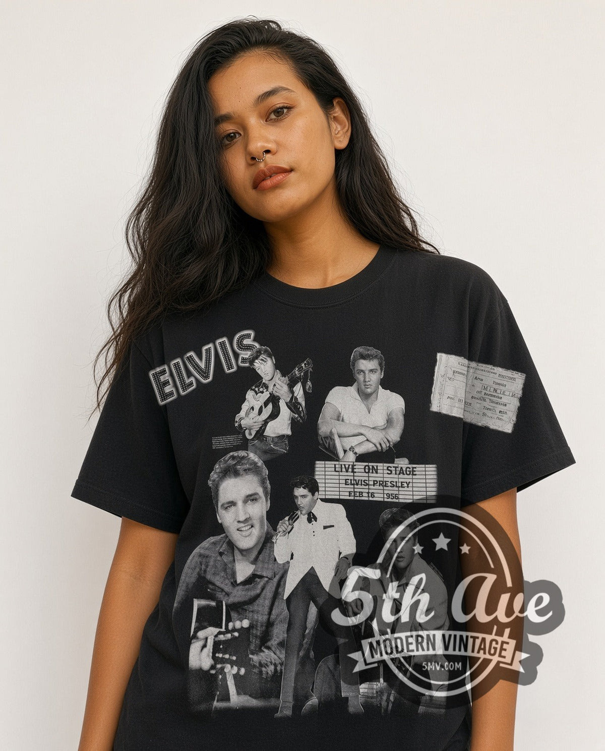 Model wearing the Elvis Presley Live On Stage Collage all-over-print vintage band tee in black