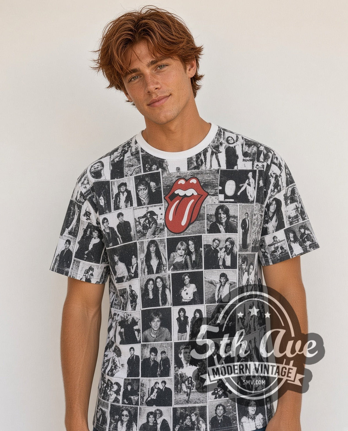 Model wearing The Rolling Stones Exile on Main St Collage all-over-print vintage band t-shirt in white