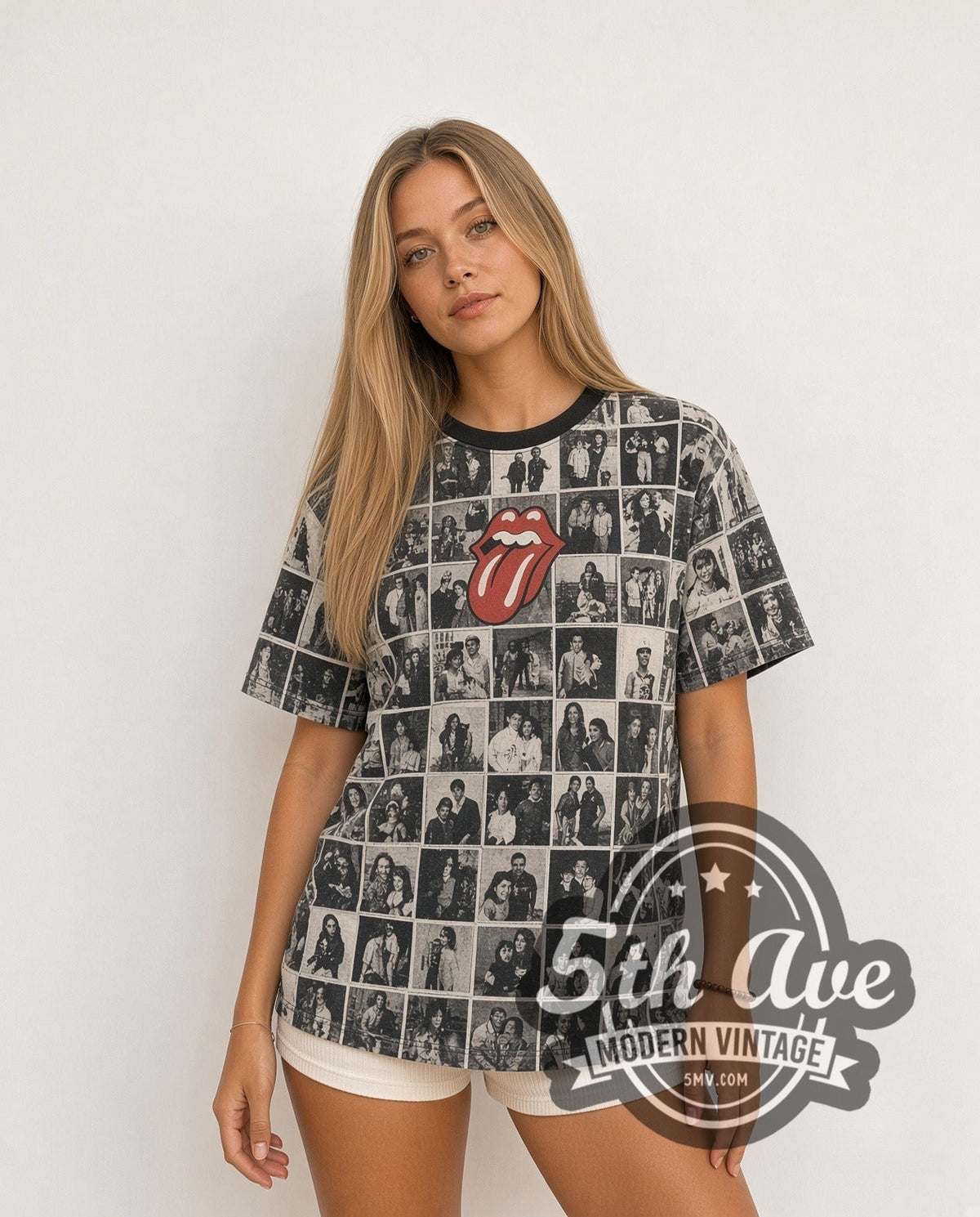 Model wearing The Rolling Stones Exile on Main St Collage all-over-print vintage band t-shirt