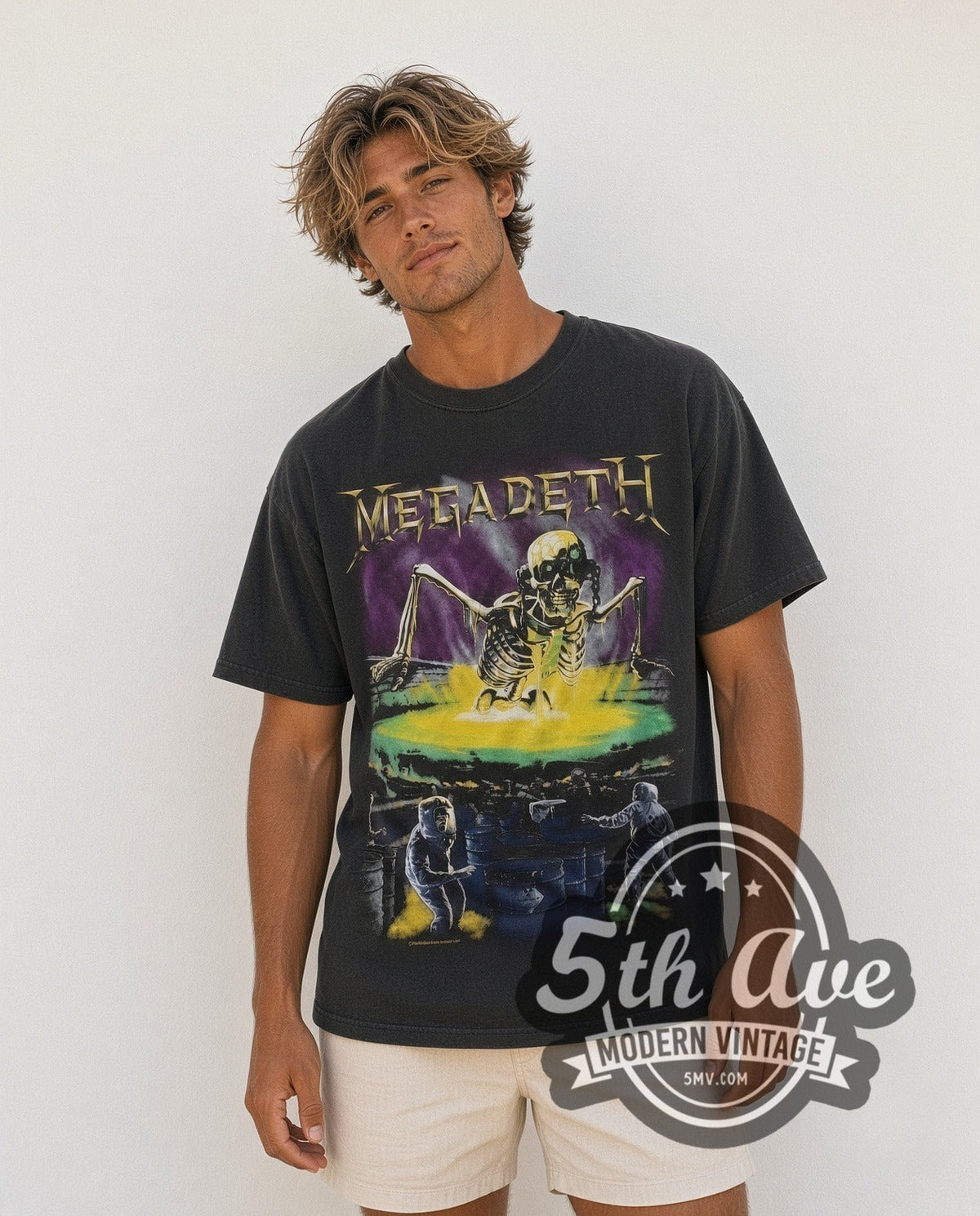 Model wearing the Megadeth Skeleton Stage vintage band t-shirt