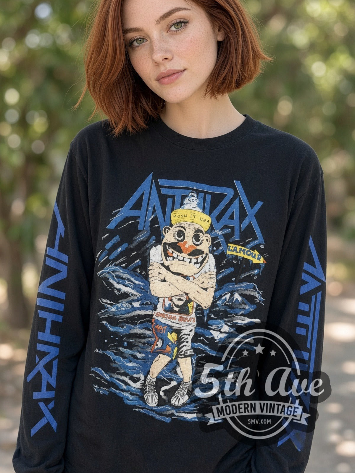 Model wearing the Anthrax L'Amour Cartoon vintage band long sleeve t-shirt