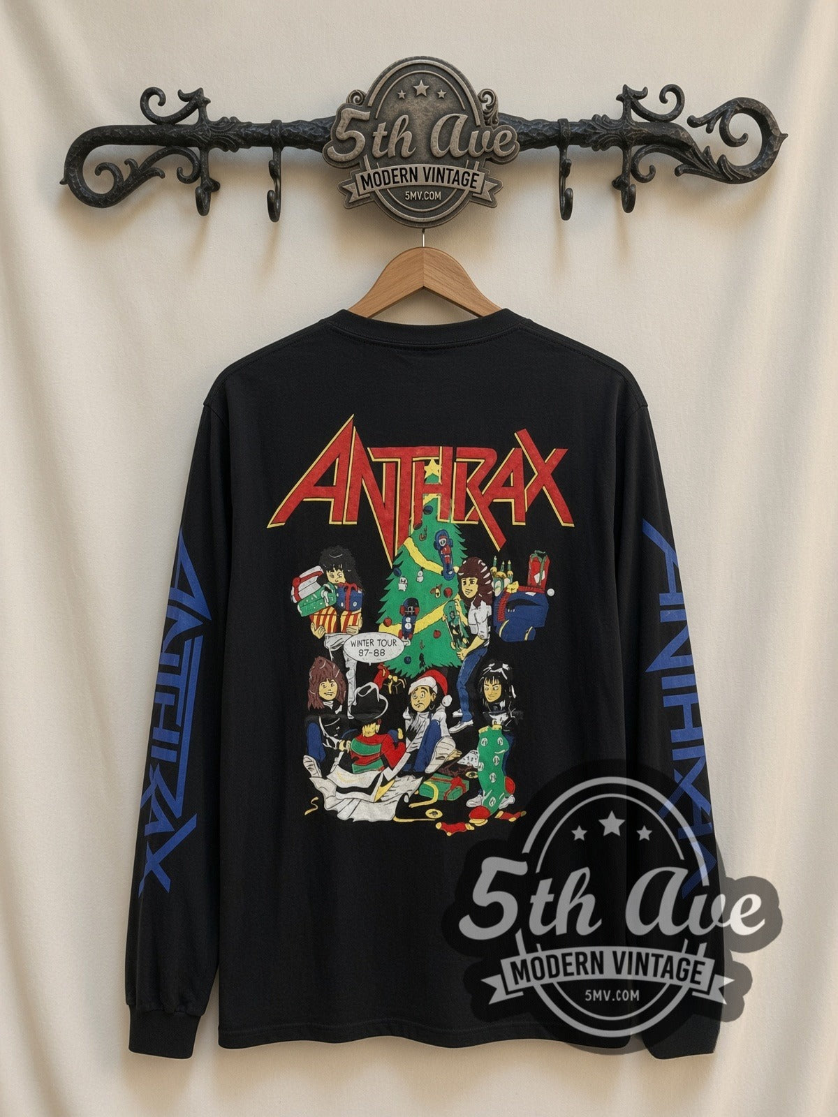 Anthrax L'Amour Cartoon vintage band long sleeve t-shirt, back view on a display rack