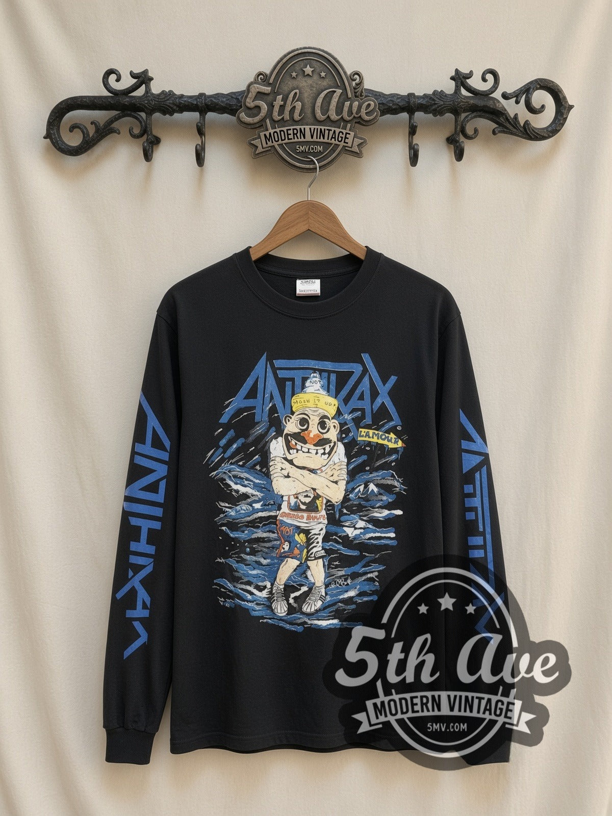 Anthrax L'Amour Cartoon vintage band long sleeve t-shirt, front view on a display rack