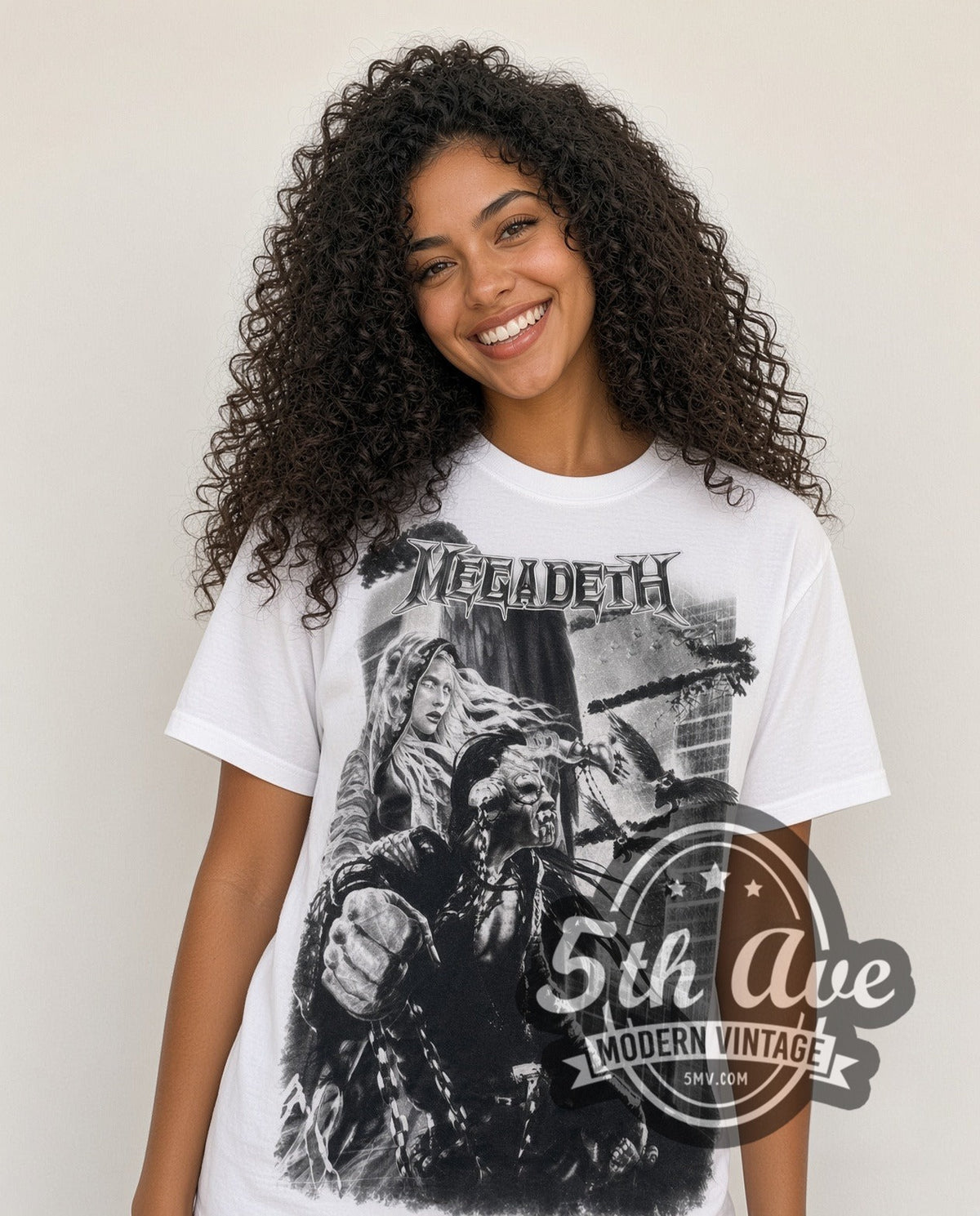 Model wearing the Megadeth Apocalyptic City all-over-print vintage band t-shirt in white