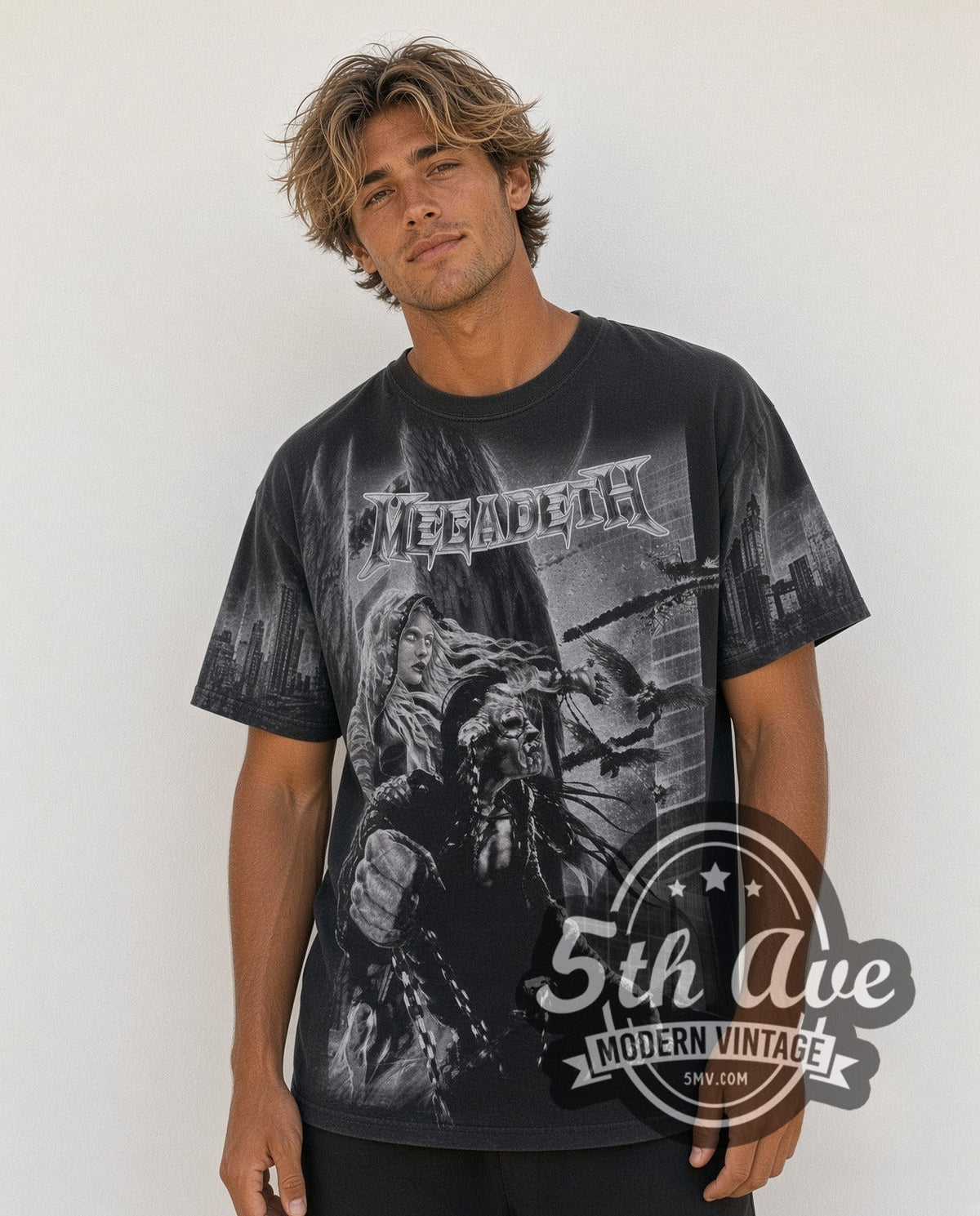 Model wearing the Megadeth Apocalyptic City all-over-print vintage band t-shirt in black