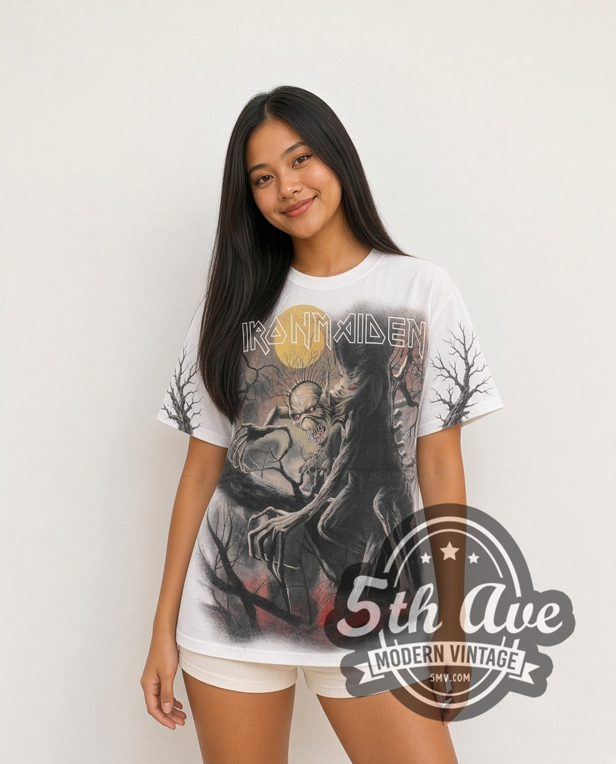 Model wearing the Iron Maiden Fear of the Dark Eddie Tree Moon all-over-print vintage band t-shirt in white