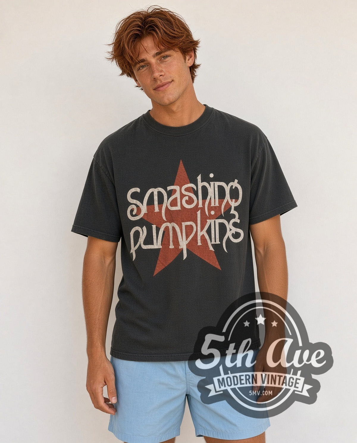 Model wearing the Smashing Pumpkins Red Star / Just Say Maybe vintage band t-shirt