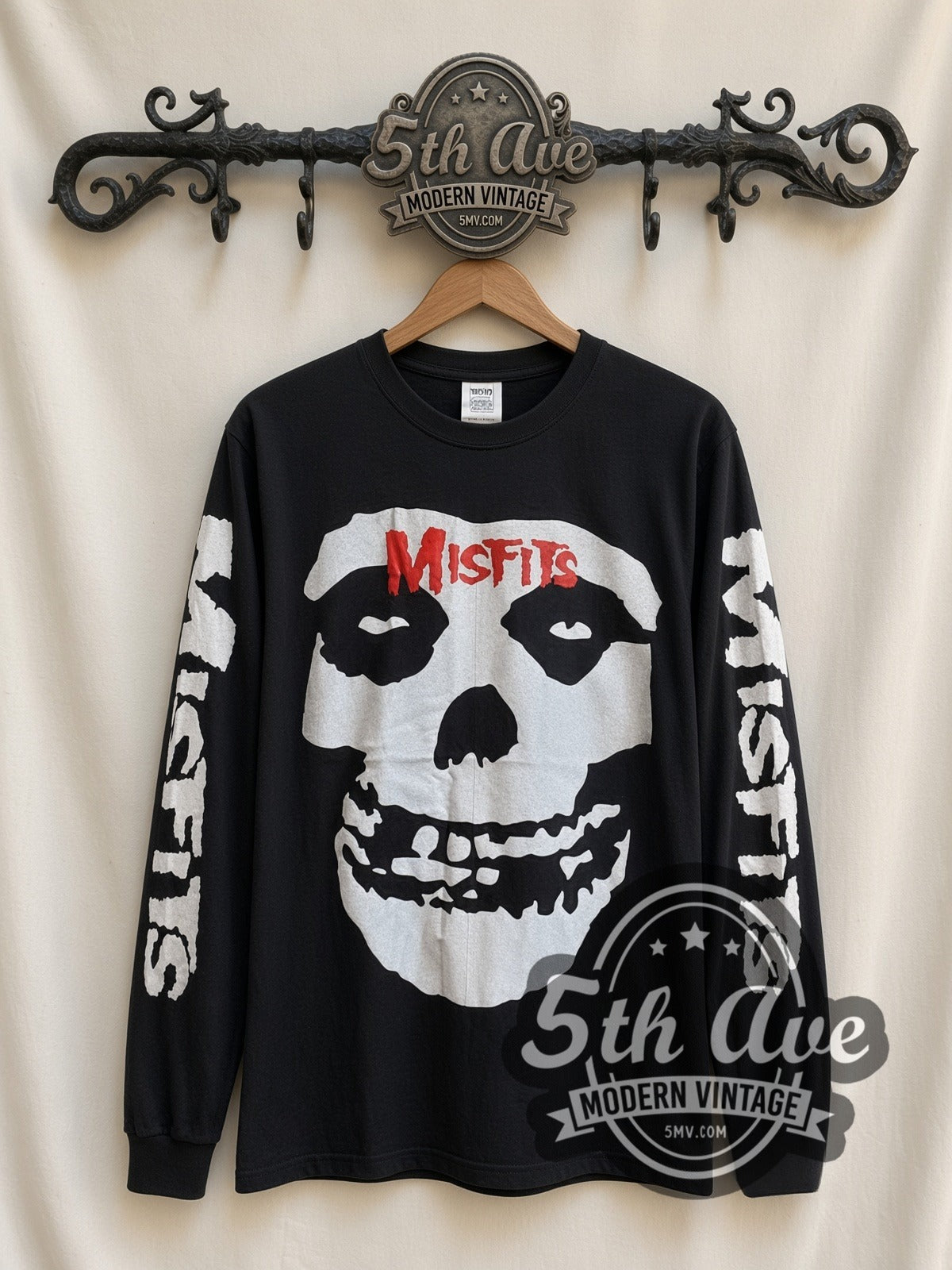 Misfits Skull vintage band long sleeve t-shirt, front view on a display rack