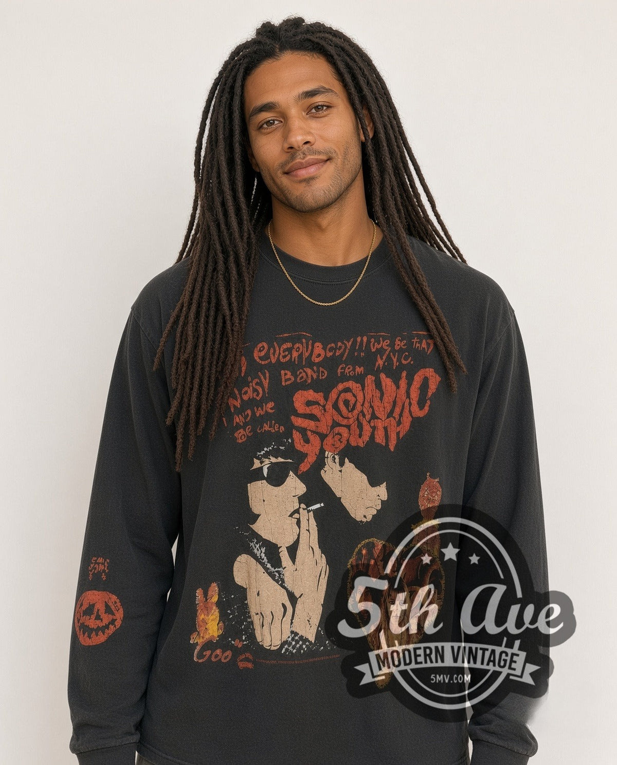 Model wearing the Sonic Youth Goo / Noisy Band from N.Y.C. Long Sleeve long sleeve vintage band t-shirt