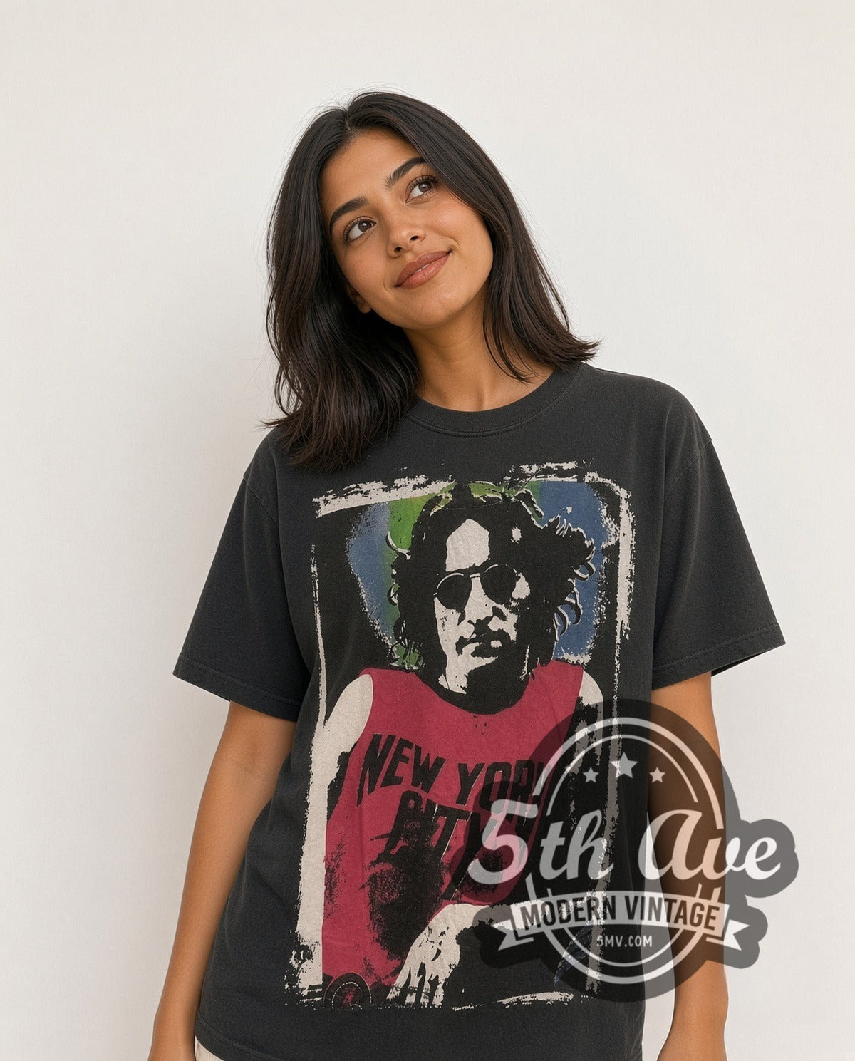 Model wearing the John Lennon NYC Pink Tank vintage band t-shirt