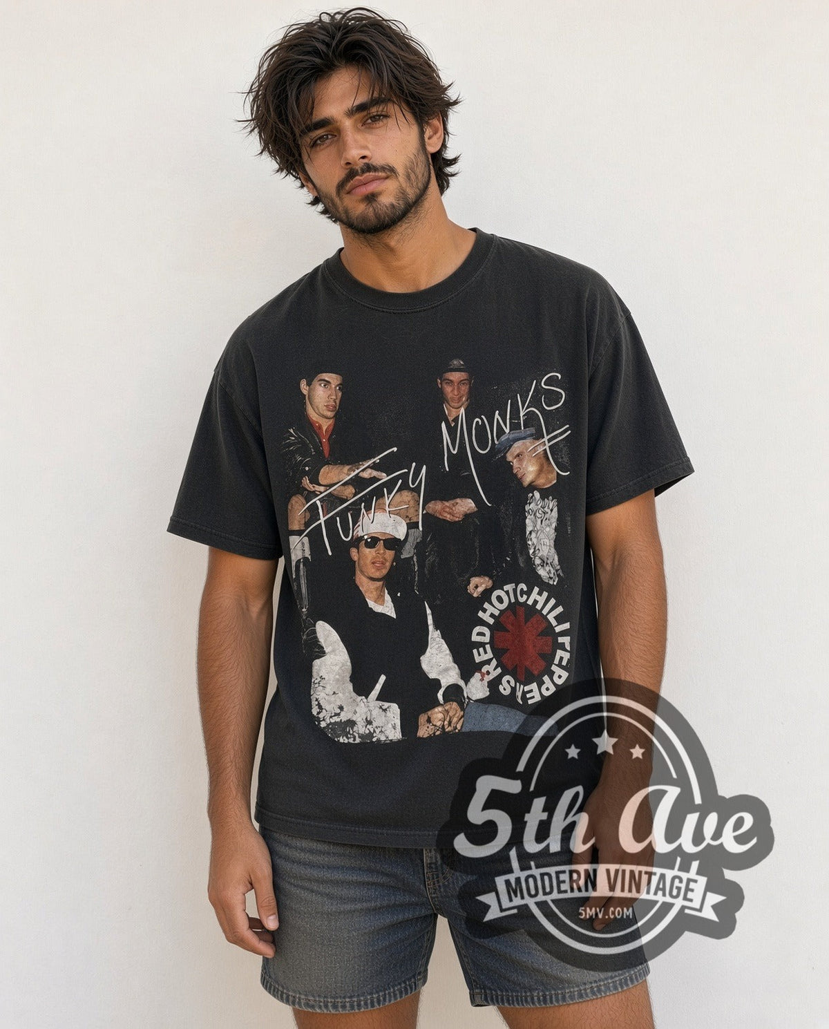 Model wearing the Red Hot Chili Peppers Funky Monks / Greatest Hits vintage band t-shirt