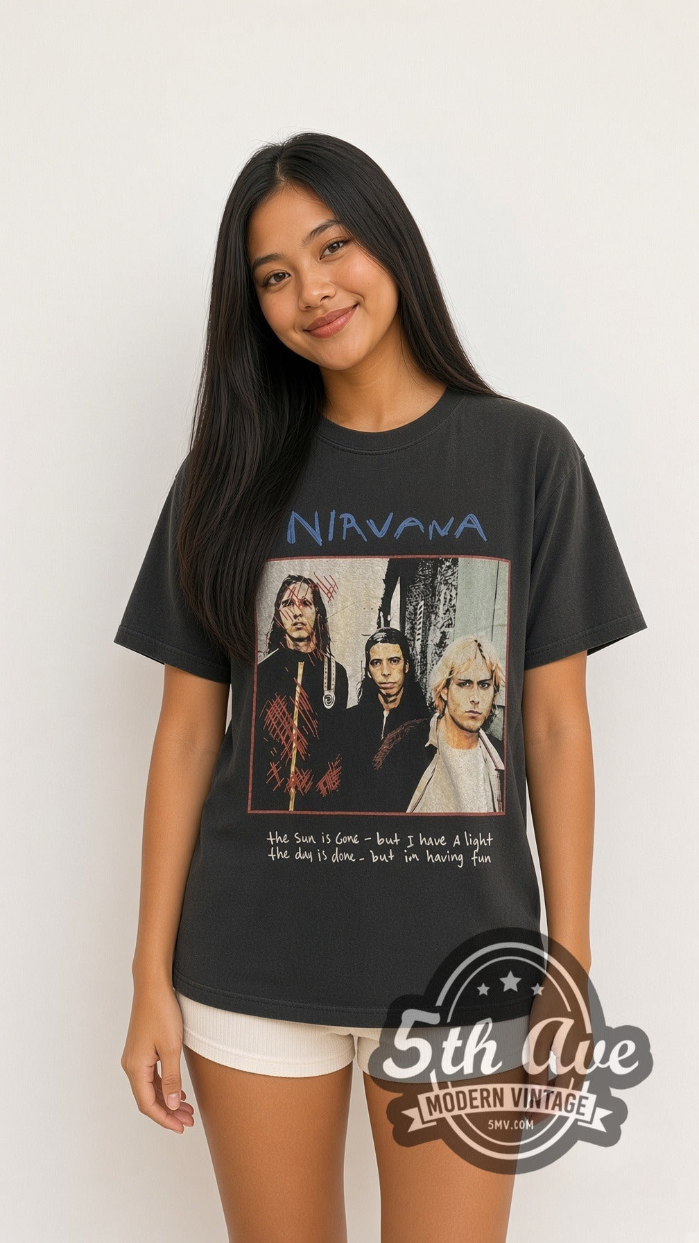 Model wearing the Nirvana Dumb / Oh Our Last and Final Name vintage band t-shirt