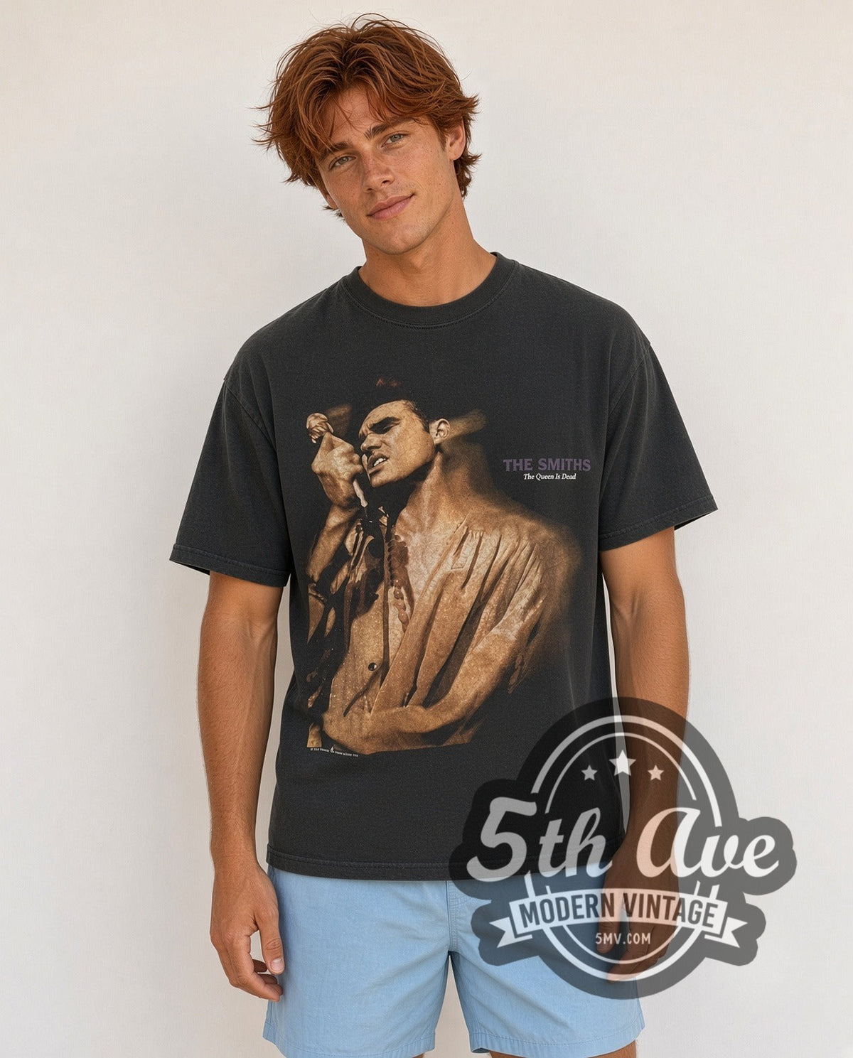 Model wearing The Smiths The Queen Is Dead UK Tour 86 vintage band t-shirt