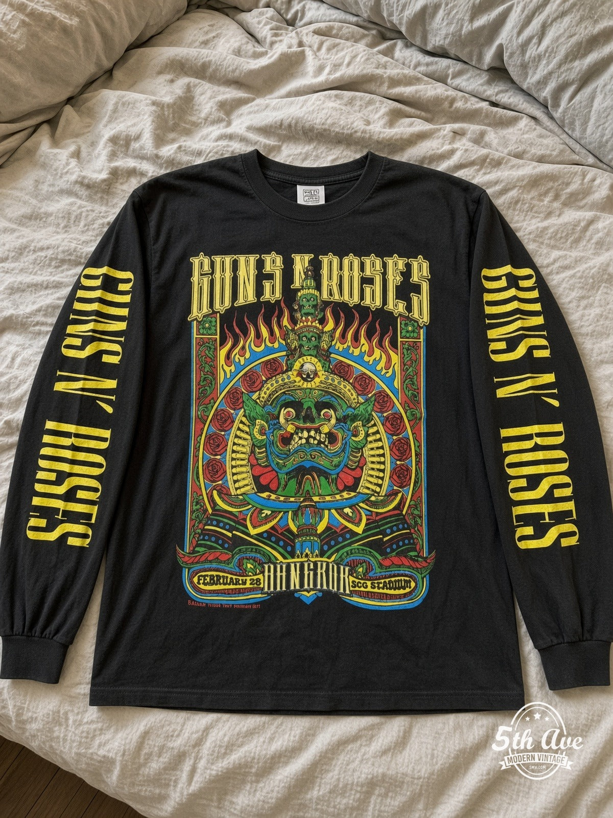 ETS LS 43 Guns N' Roses February 28 Concert Date long sleeve vintage tee laid on a bed