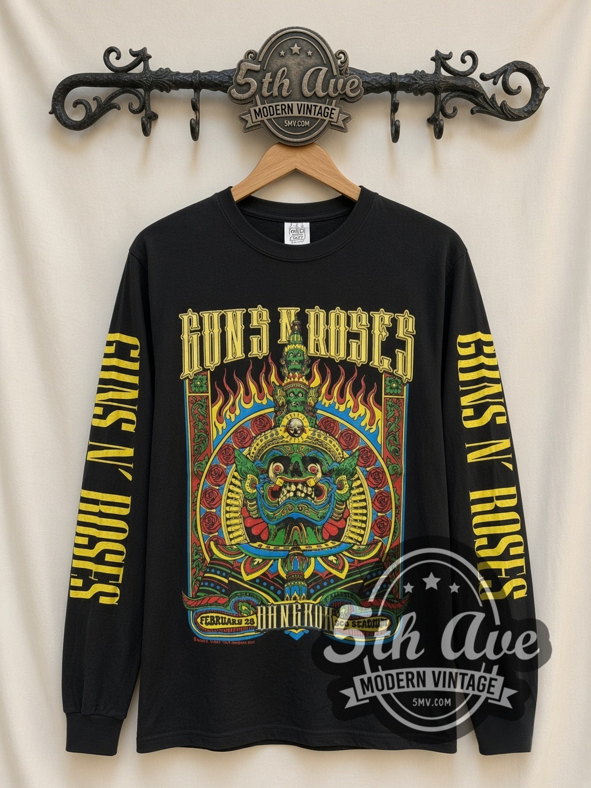 Guns N' Roses February 28 Concert Date vintage band long sleeve t-shirt, front view on a display rack