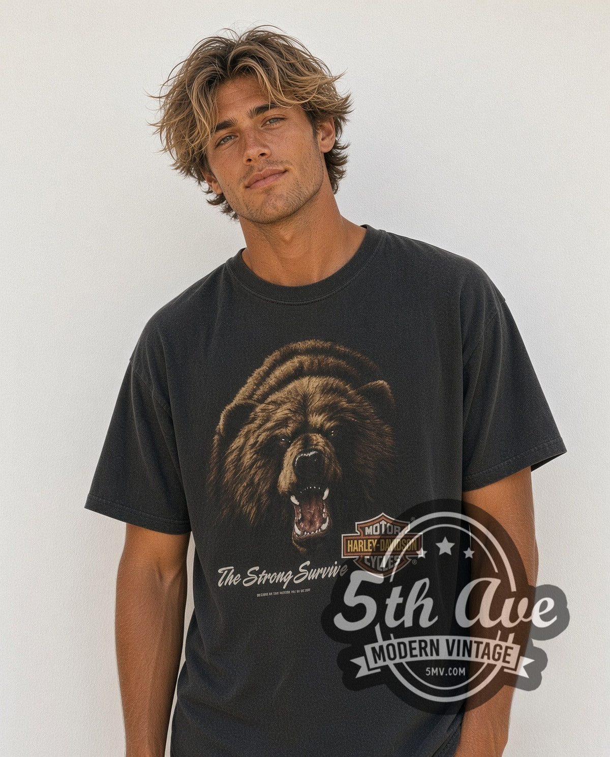 Model wearing the Harley-Davidson Joe's Place / The Strong Survive vintage Harley t-shirt