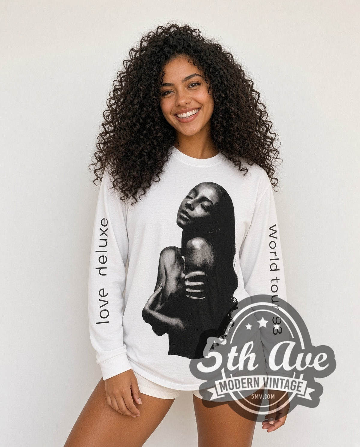 Model wearing the Sade Love Deluxe World Tour 1993 long sleeve vintage band t-shirt