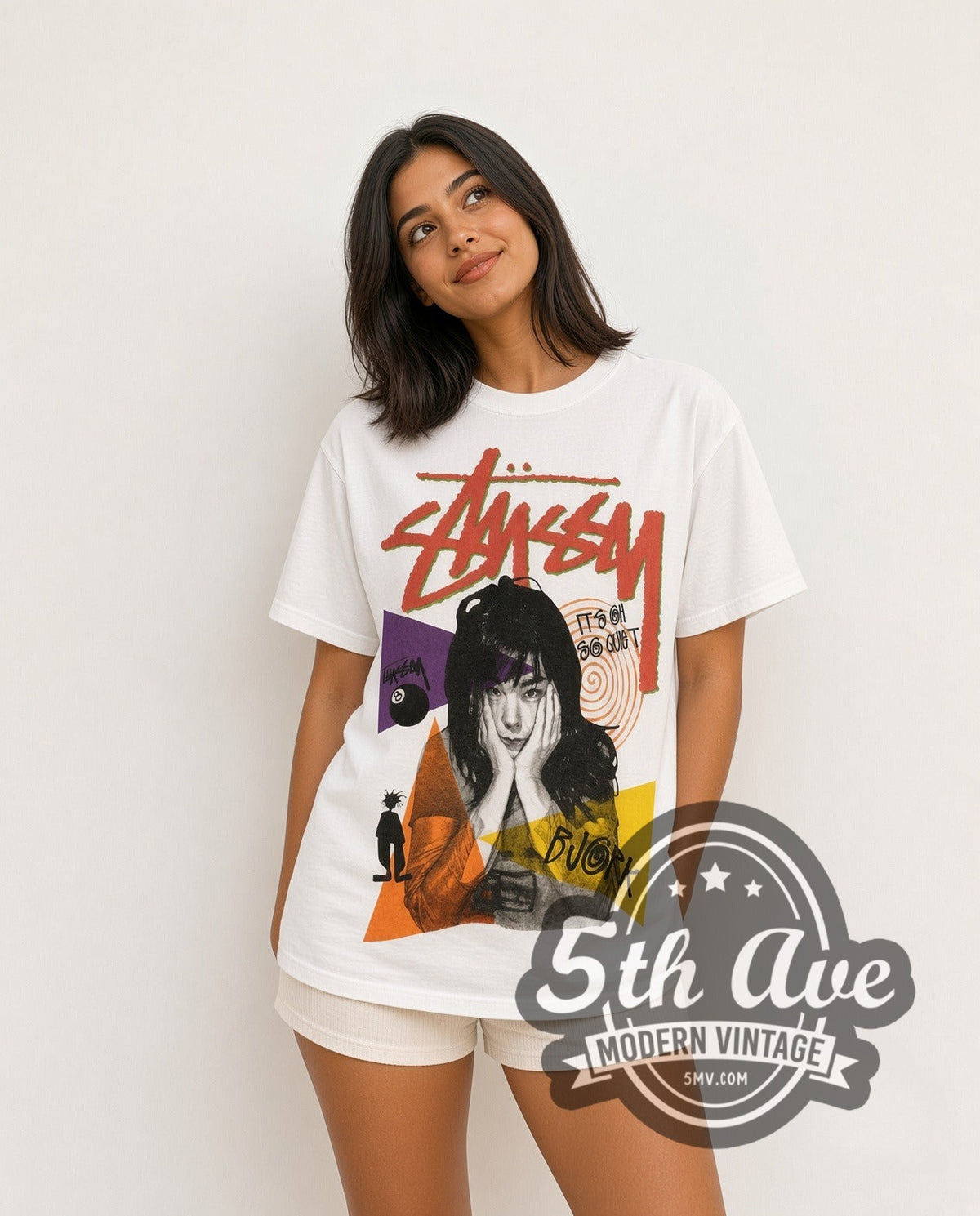 Model wearing the Björk × Stüssy It's Oh So Quiet vintage band t-shirt