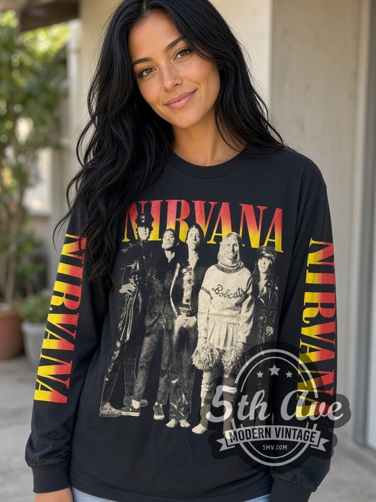 Model wearing the Nirvana Bobcats Photo vintage band long sleeve t-shirt