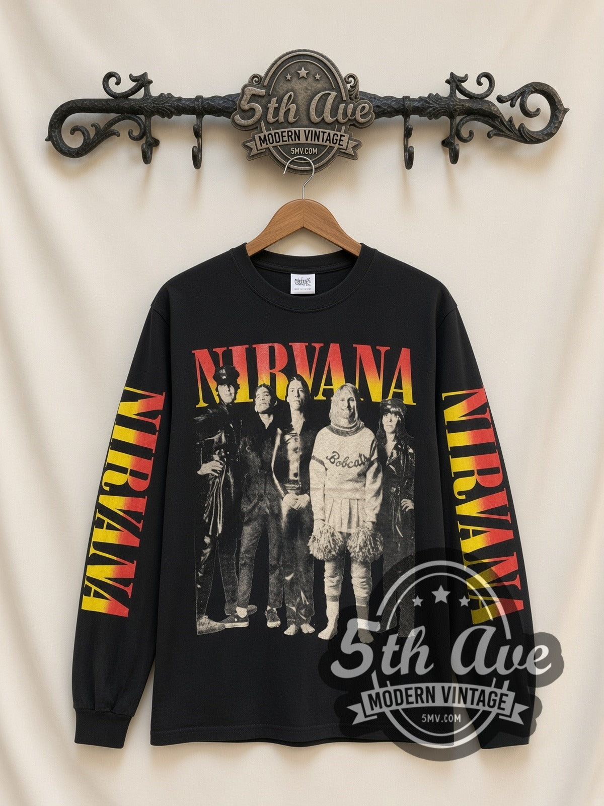 Nirvana Bobcats Photo vintage band long sleeve t-shirt, front view on a display rack