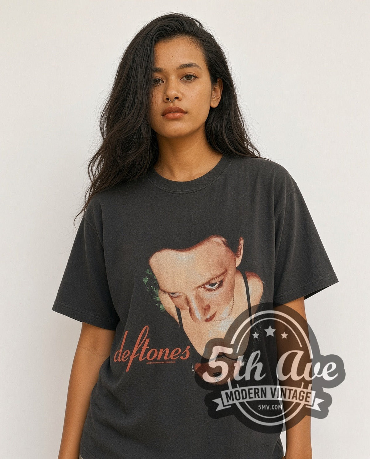 Model wearing the Deftones Woman Face Red Script vintage band t-shirt