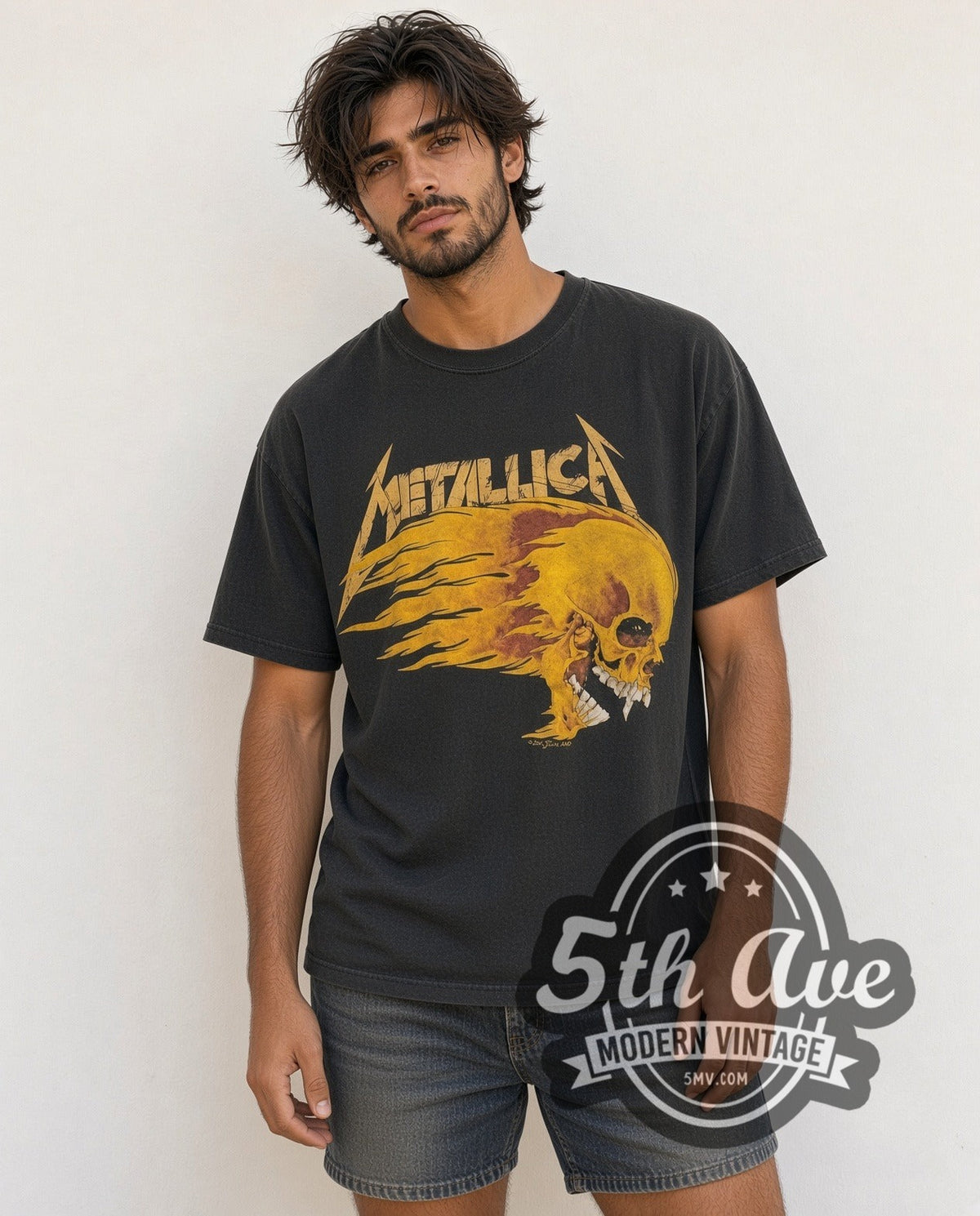 Model wearing the Metallica Summer Shit '94 Flaming Skull vintage band t-shirt