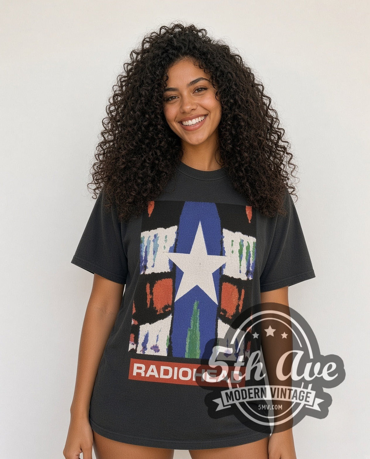 Model wearing the Radiohead Abstract Square Tour Map vintage band t-shirt