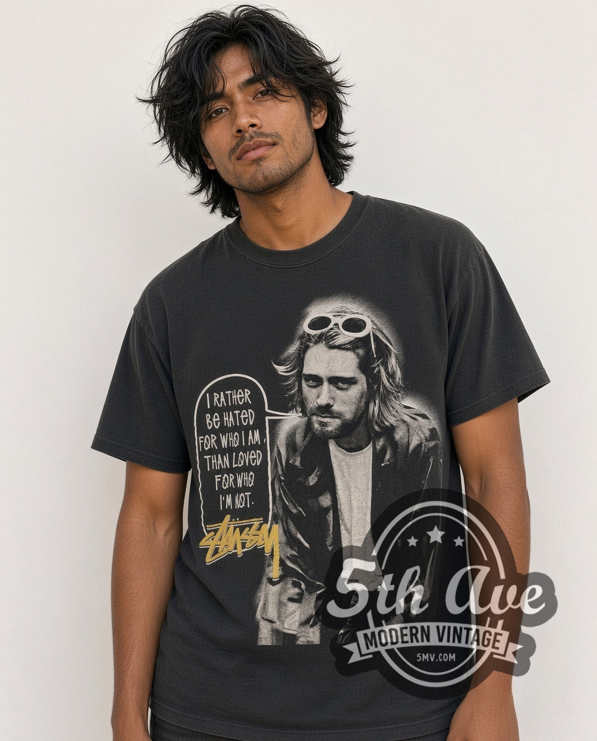 Model wearing the Kurt Cobain × Stüssy Halo Quote vintage band t-shirt