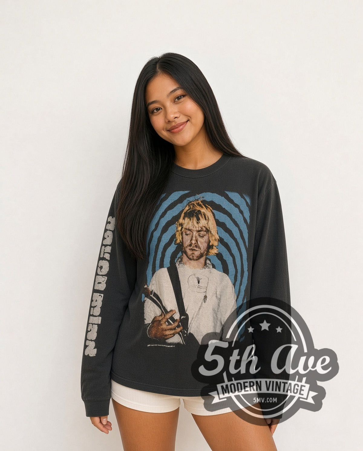 Model wearing the Nirvana Nevermind Kurt Spiral Long Sleeve long sleeve vintage band t-shirt