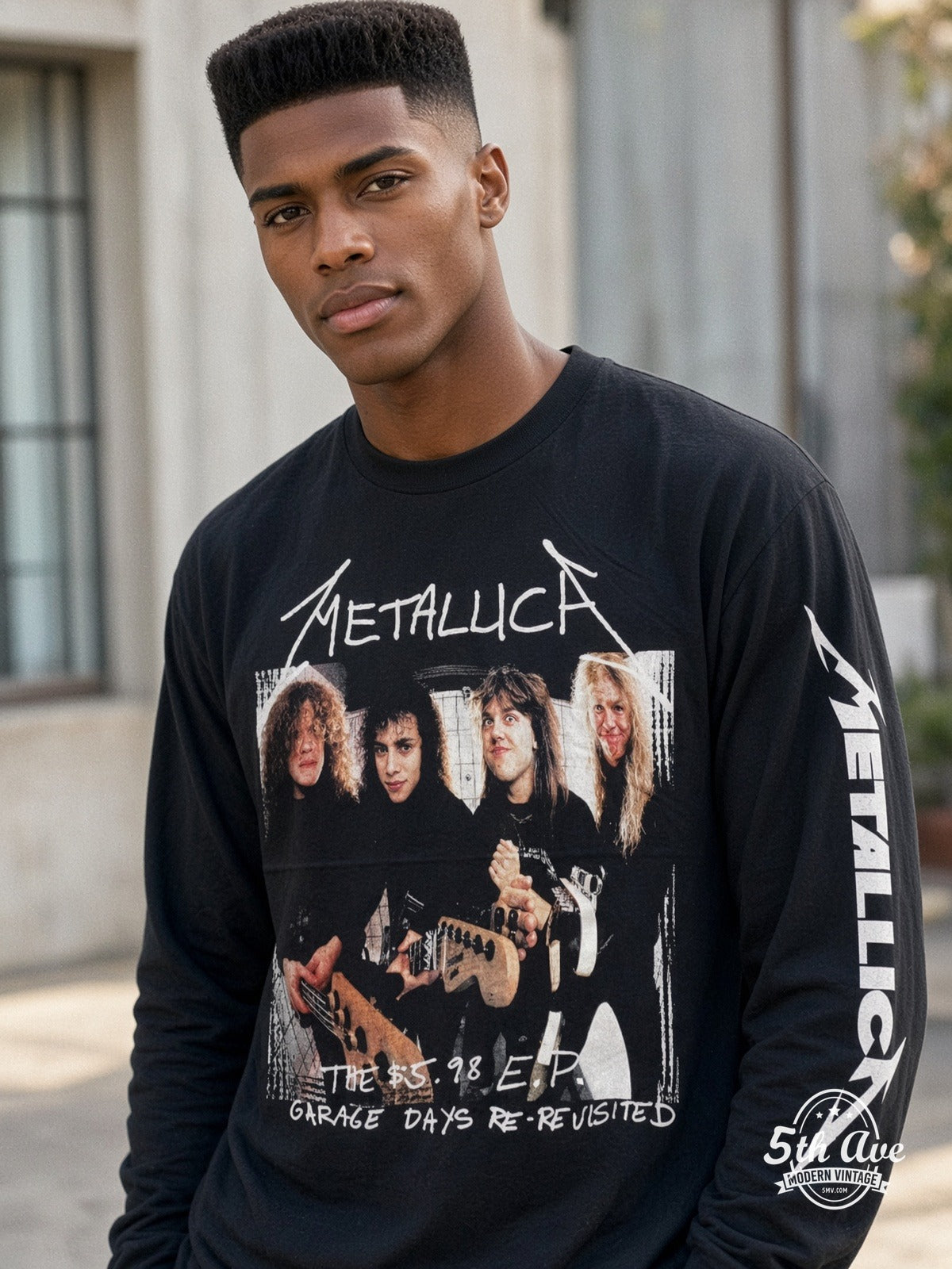 ETS LS 45 Metallica Garage Days Re-Revisited long sleeve vintage tee worn by a model