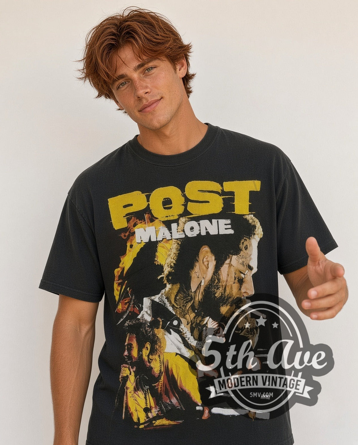Model wearing the Post Malone Face Tattoos vintage rap tee in black