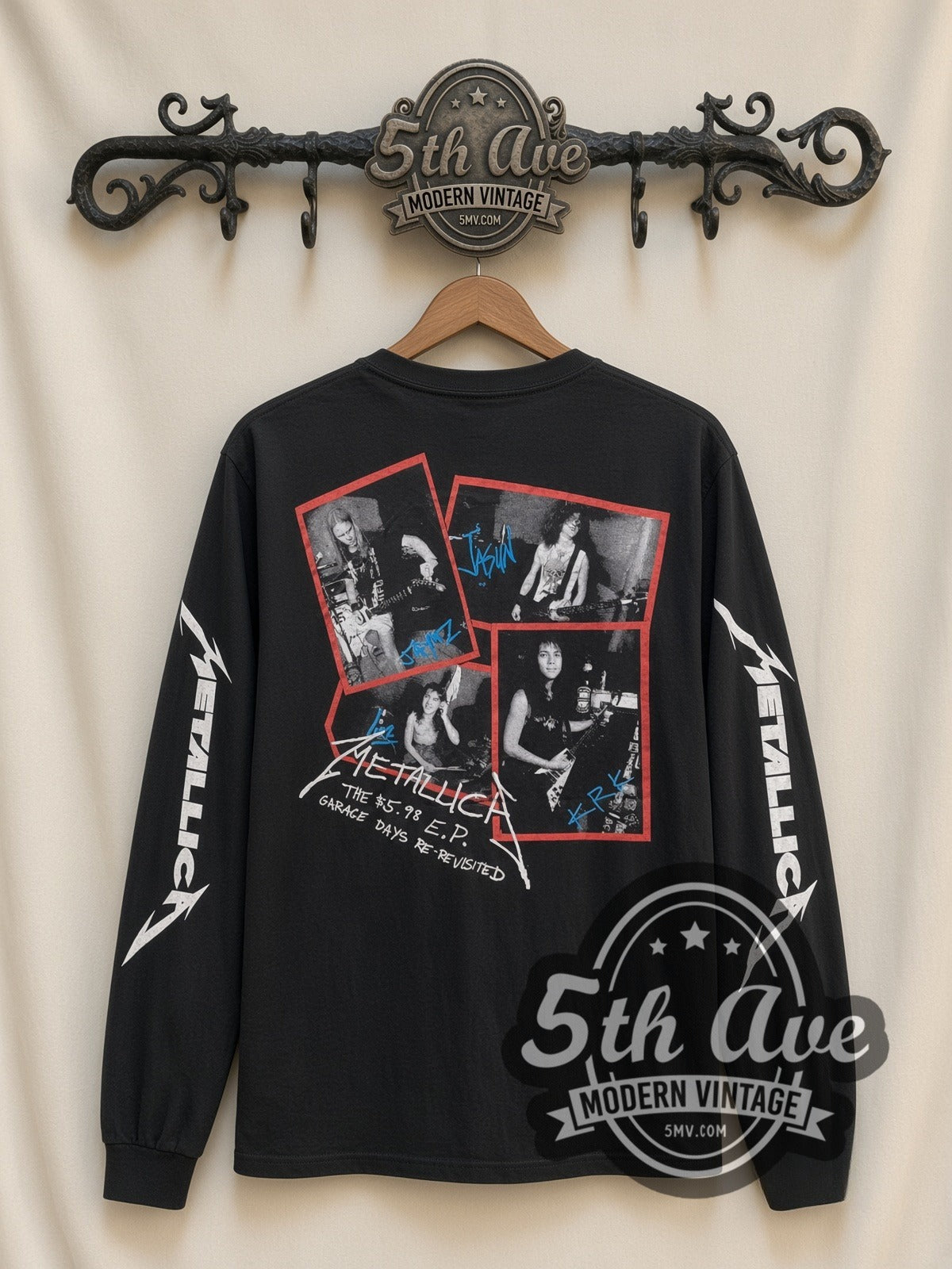 Metallica Garage Days Re-Revisited vintage band long sleeve t-shirt, back view on a display rack