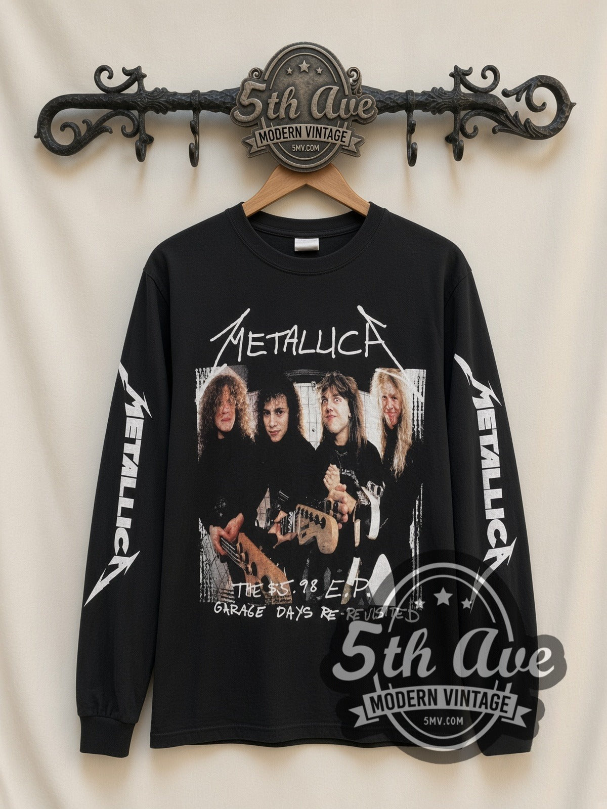 Metallica Garage Days Re-Revisited vintage band long sleeve t-shirt, front view on a display rack