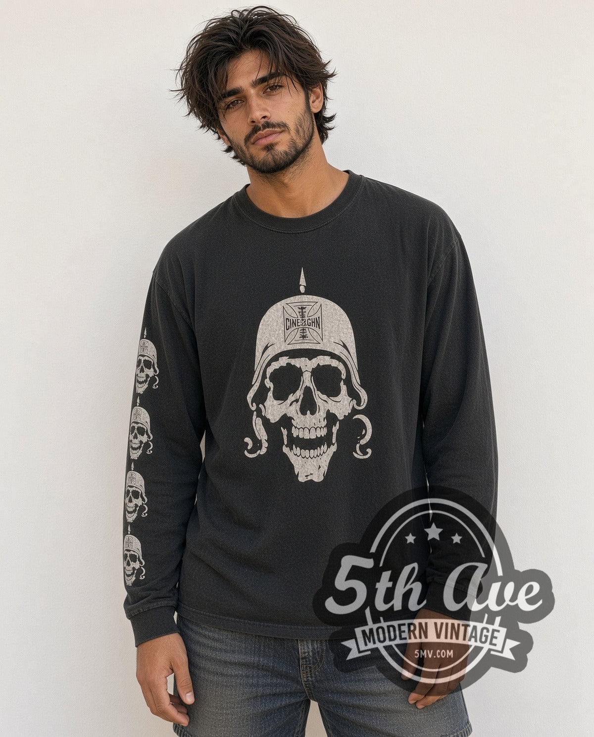 Model wearing the West Coast Choppers Skull Helmet / Maltese Cross Long Sleeve graphic tee