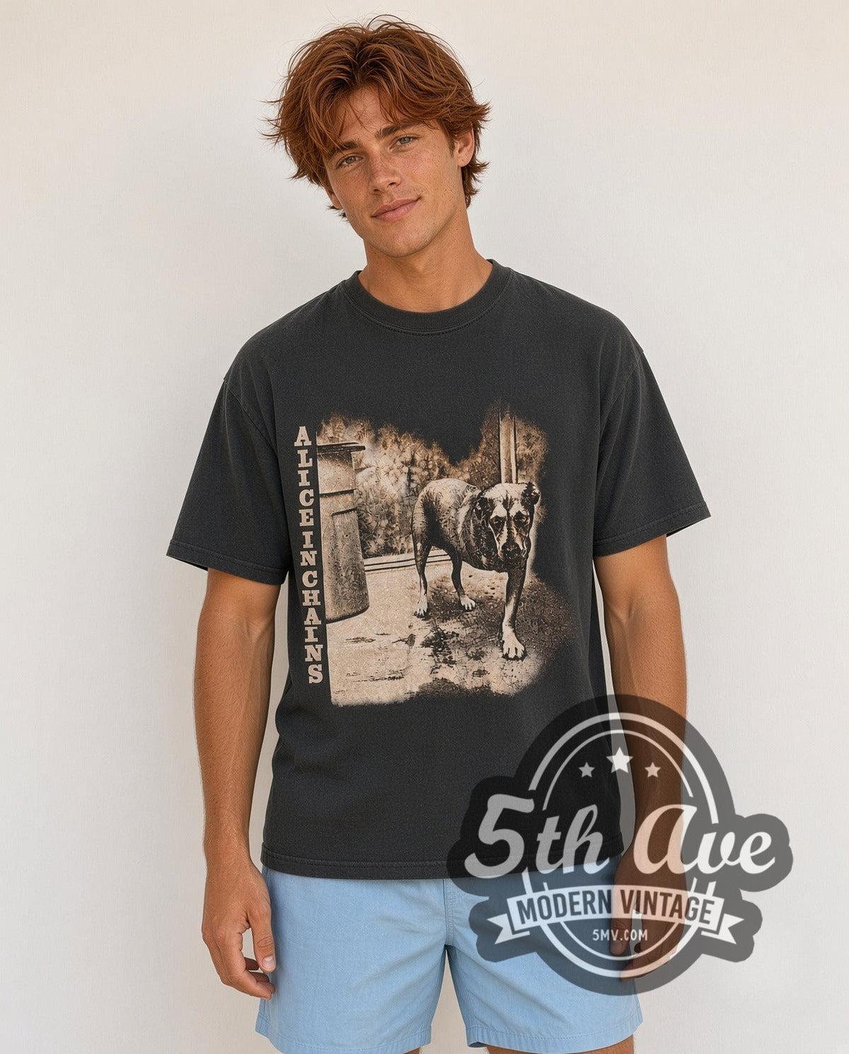 Model wearing the Alice in Chains Tripod / Self-Titled vintage band t-shirt