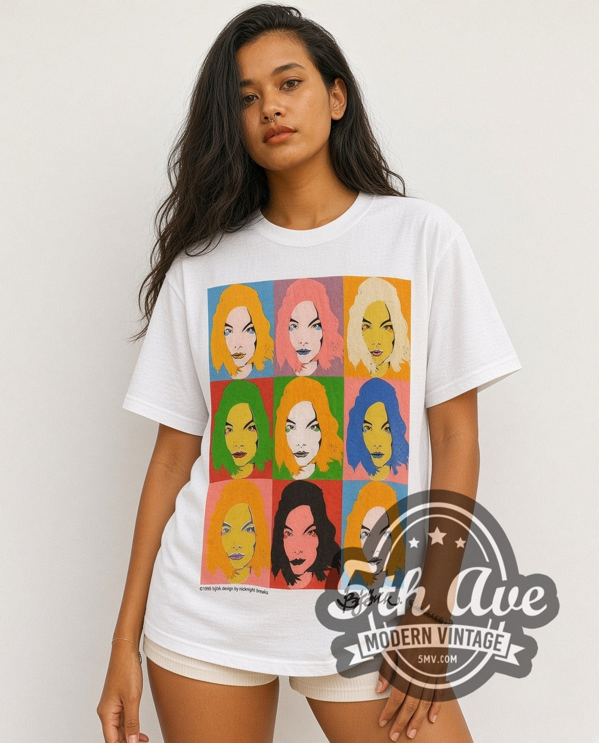 Model wearing the Björk POST Warhol Grid vintage band t-shirt