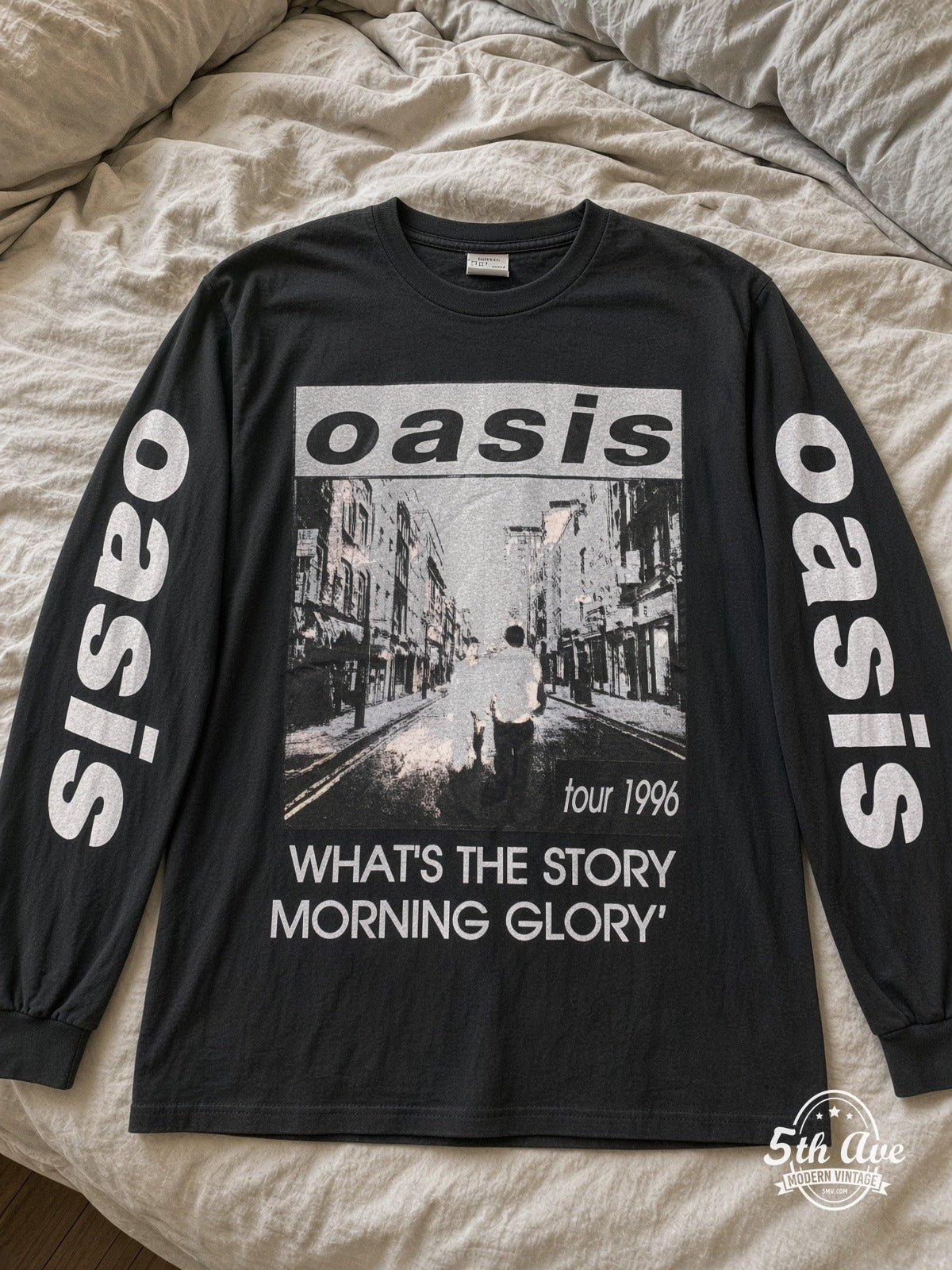 ETS LS 46 Oasis Morning Glory Tour 1996 long sleeve vintage tee laid on a bed