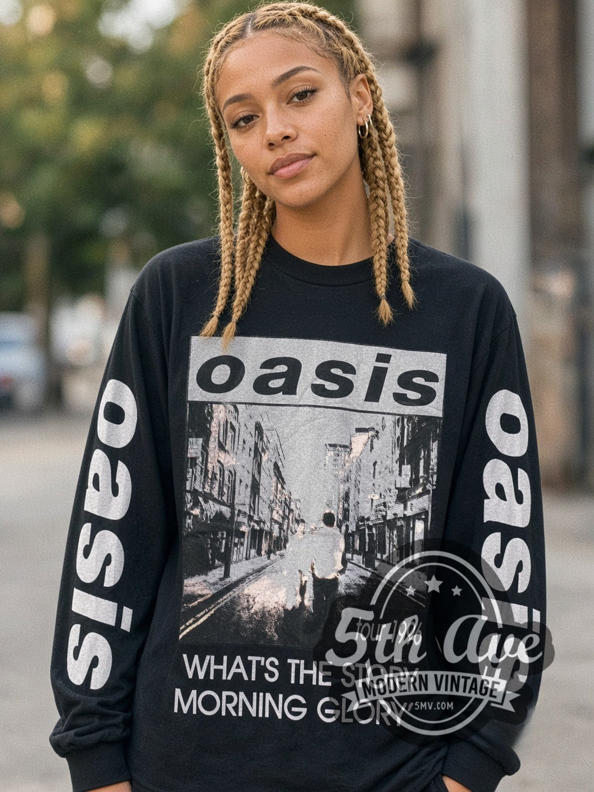 Model wearing the Oasis Morning Glory Tour 1996 vintage band long sleeve t-shirt