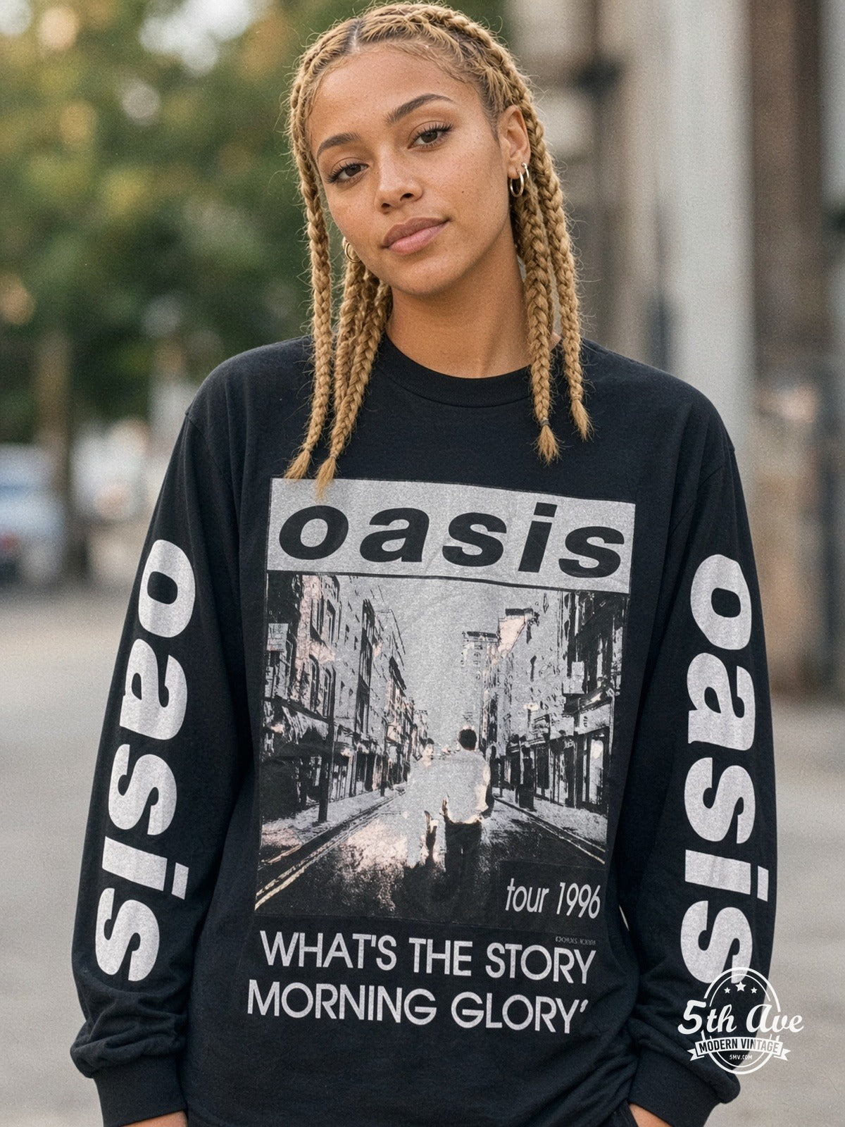 ETS LS 46 Oasis Morning Glory Tour 1996 long sleeve vintage tee worn by a model