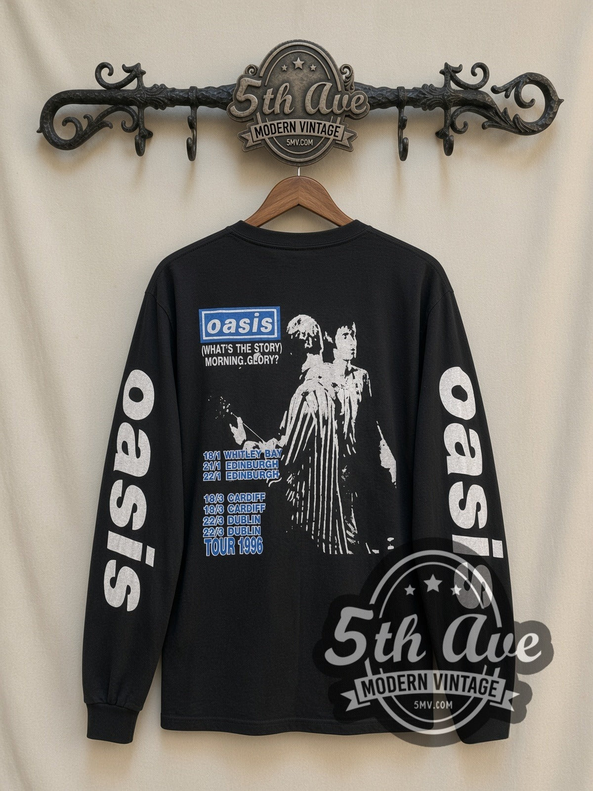 Oasis Morning Glory Tour 1996 vintage band long sleeve t-shirt, back view on a display rack