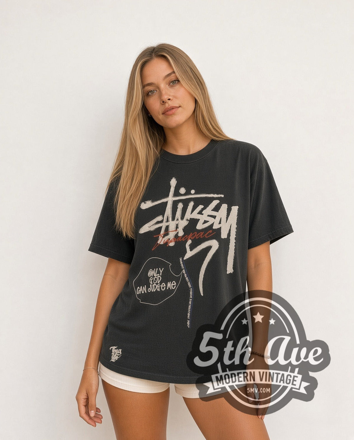 Model wearing the Tupac × Stüssy Only God Can Judge Me vintage band t-shirt