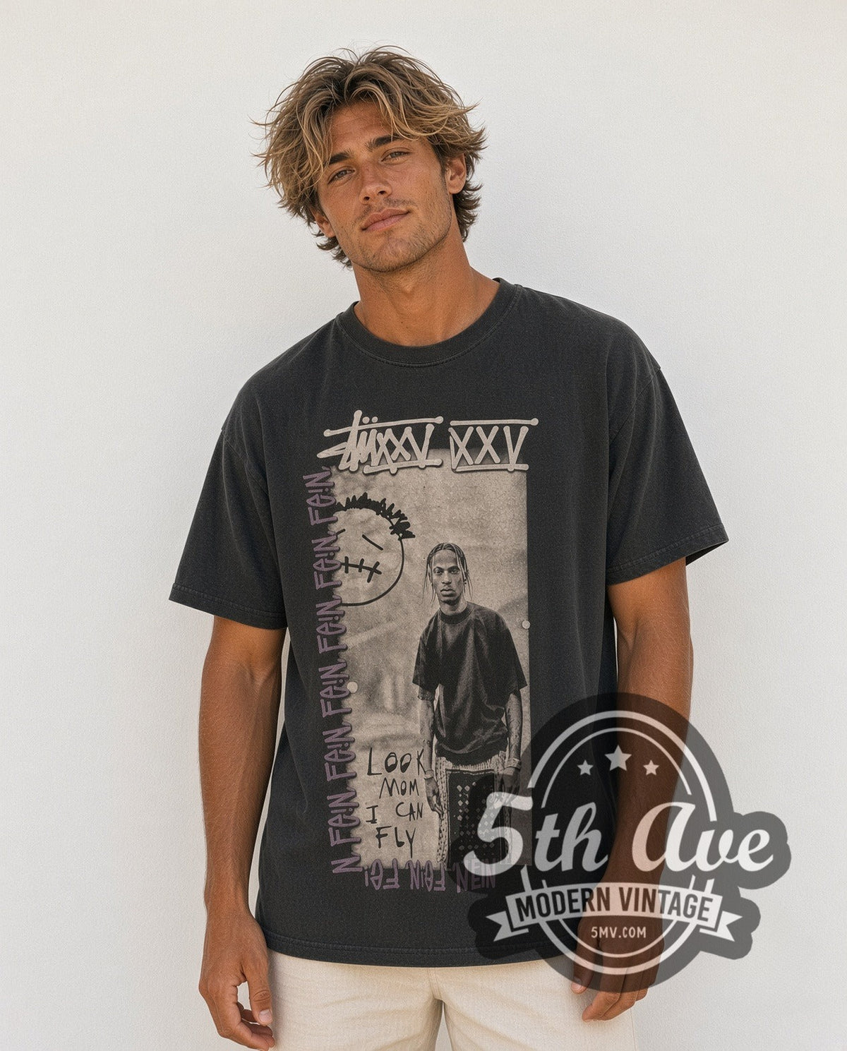 Model wearing the Travis Scott × Stüssy FEIN / Cactus Jack vintage band t-shirt