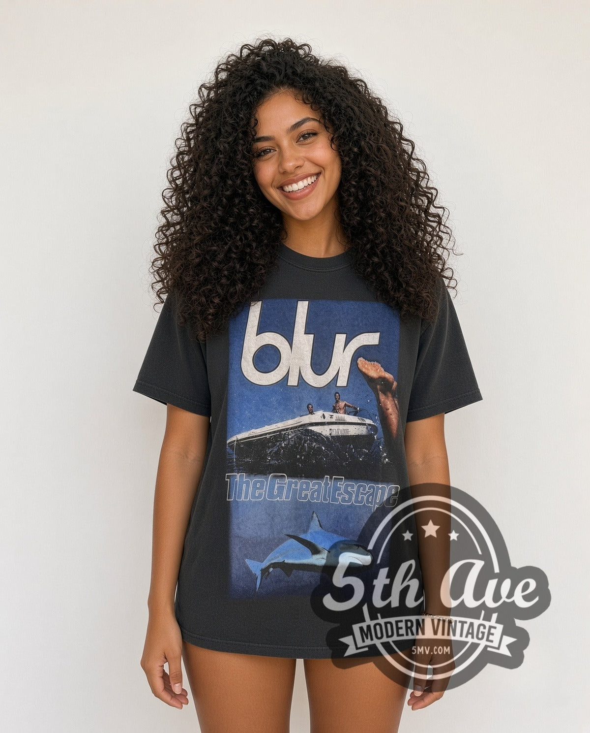 Model wearing the Blur The Great Escape 96 Tour vintage band t-shirt