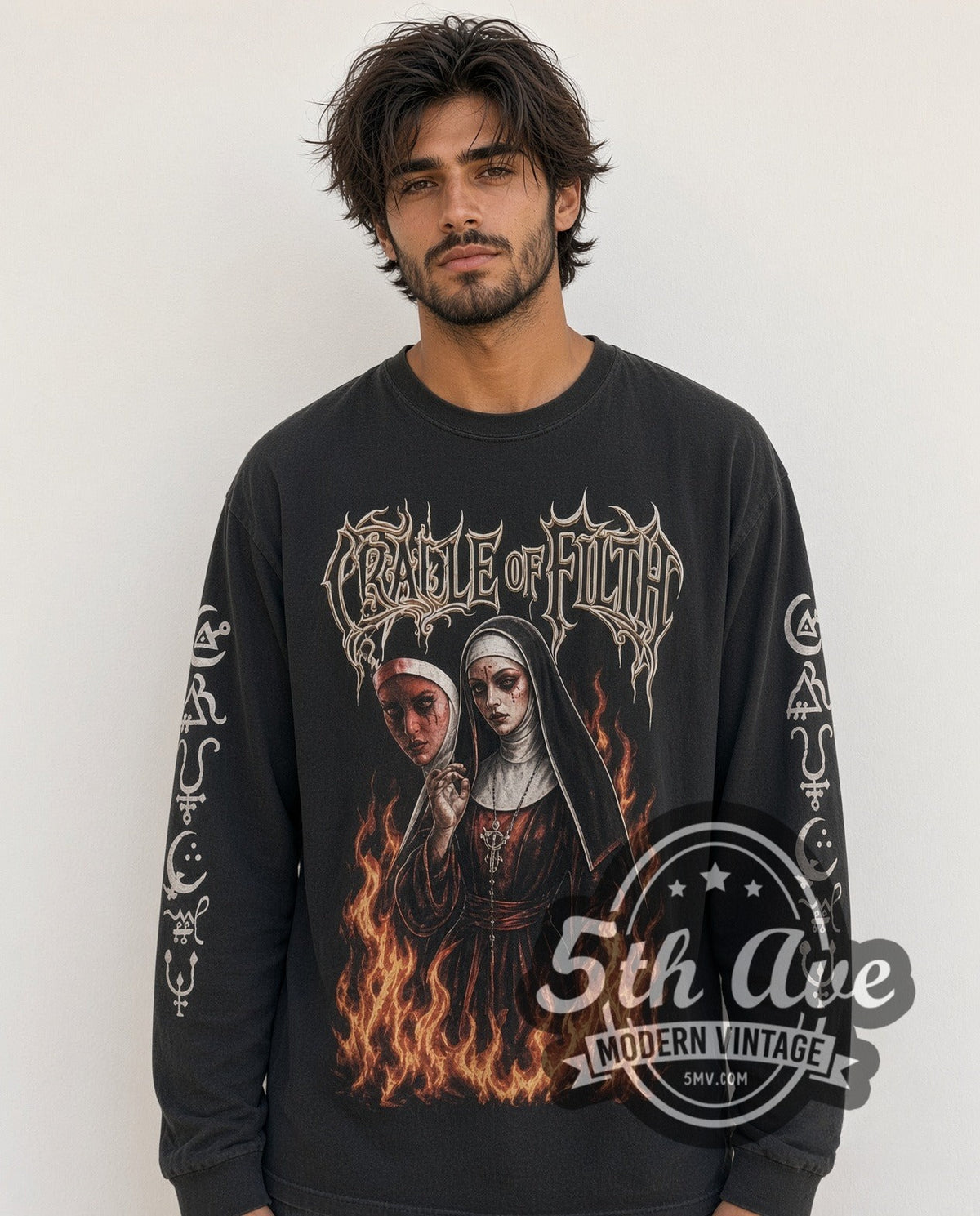 Model wearing the Cradle of Filth Cult of Venus Aversa long sleeve vintage band t-shirt