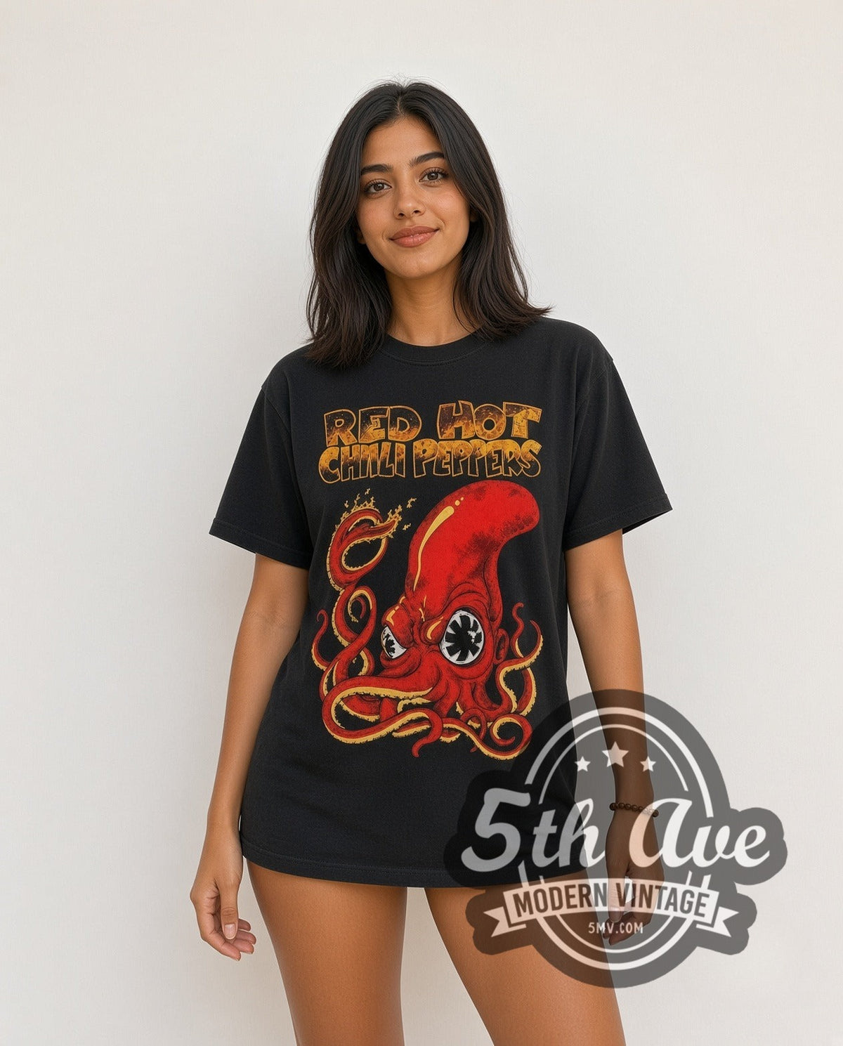 Model wearing the Red Hot Chili Peppers Octopus vintage band t-shirt in black