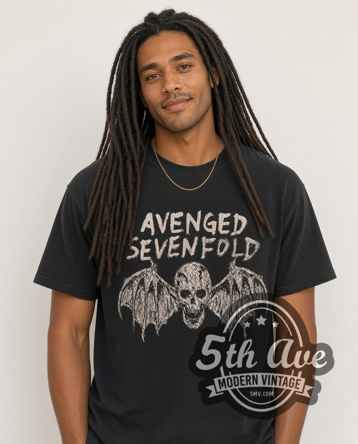 Model wearing the Avenged Sevenfold Deathbat vintage band t-shirt in black