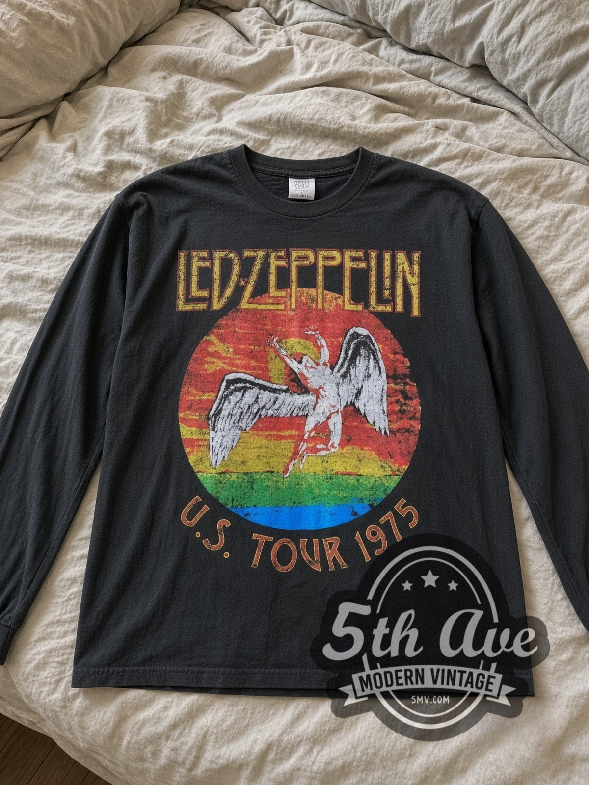 Led Zeppelin US Tour 1975 vintage band long sleeve tee laid flat