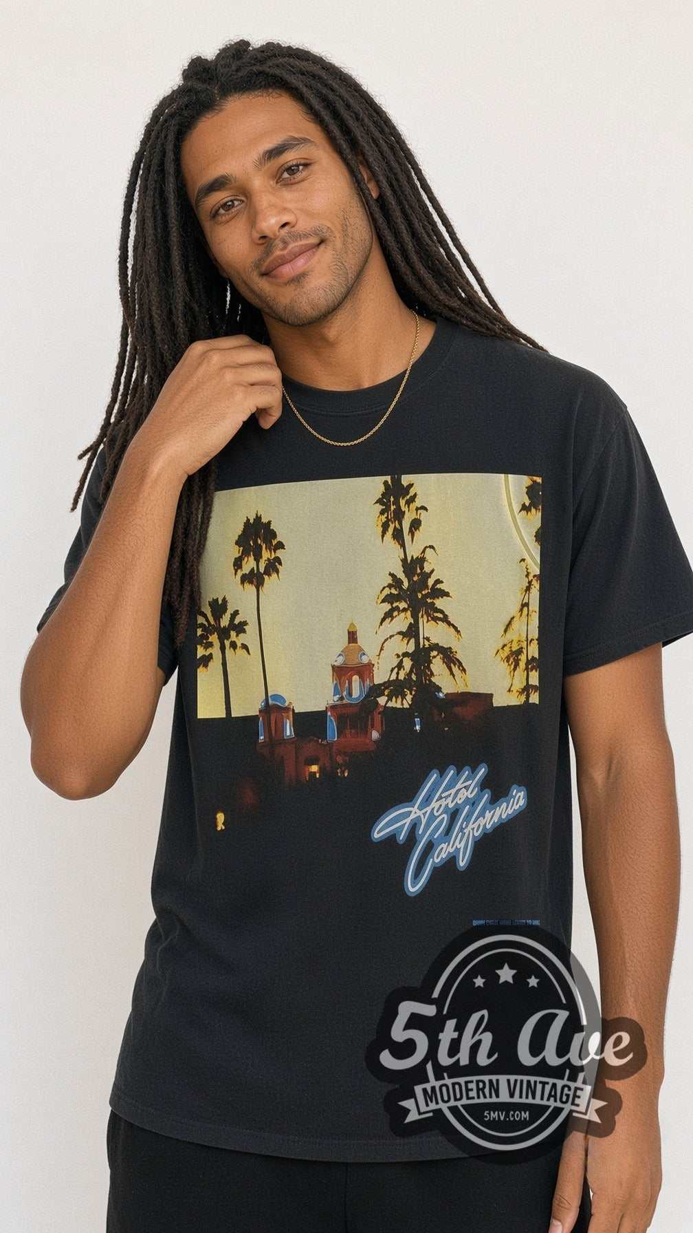 Model wearing the Eagles Hotel Sign vintage band t-shirt