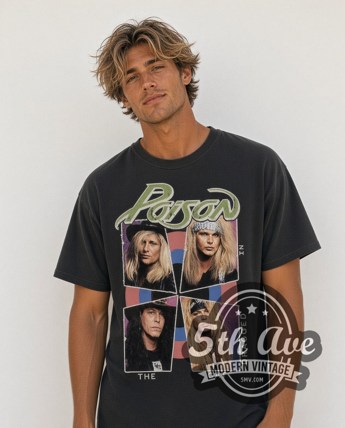 Model wearing the Poison Look What the Cat Dragged In vintage band t-shirt in black
