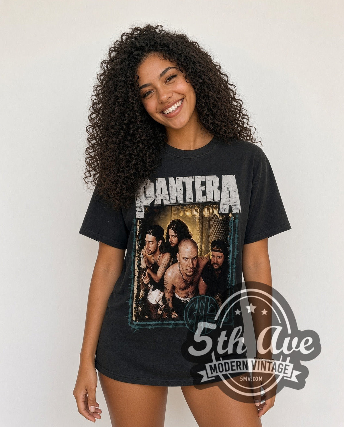 Model wearing the Pantera Cowboys From Hell vintage band t-shirt in black